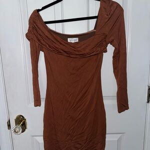 Privacy Please Brown Ribbed Off-Shoulder Bodycon Dress